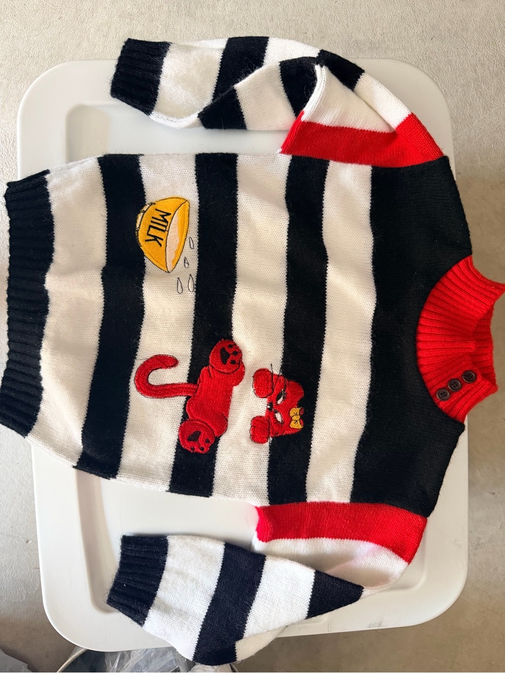 Vintage Black White Red Striped Kids Sweater with Red Cat Patch